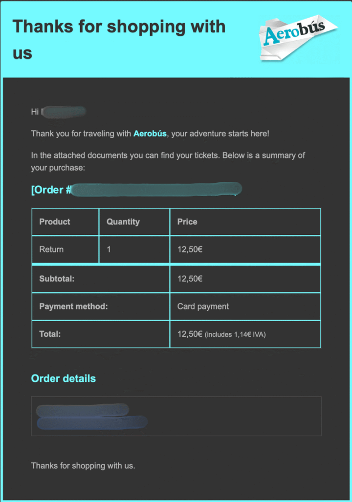 Aerobus購入完了後の確認メール