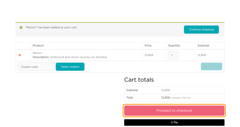Aerobusのカート画面で「Proceed to checkout」をクリック
