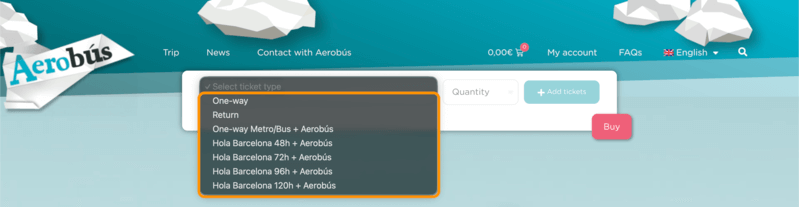 Aerobus公式サイトの「Select ticket type」でチケットを選択