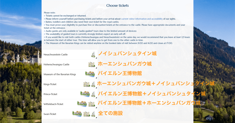 ノイシュバンシュタイン城のチケット選択画面