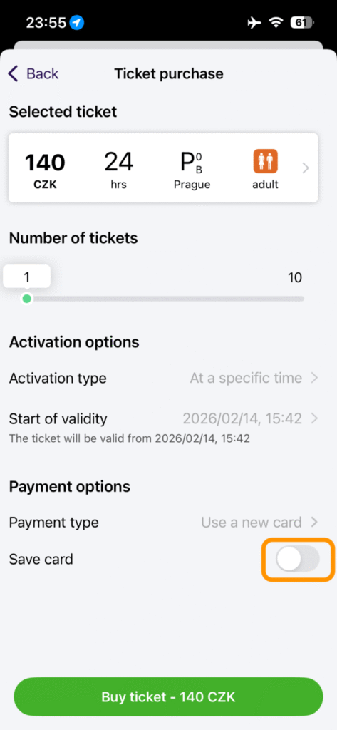 カード情報を保存するためのトグルボタン