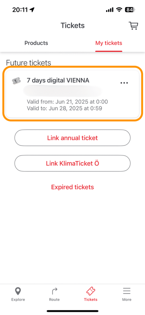 購入済みチケットの表示画面