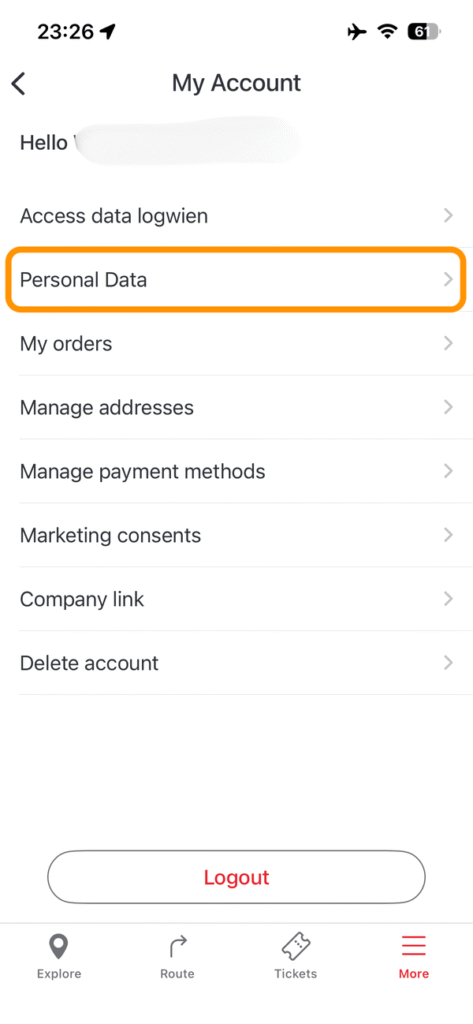 「My Account」画面の「Personal Data」ボタン