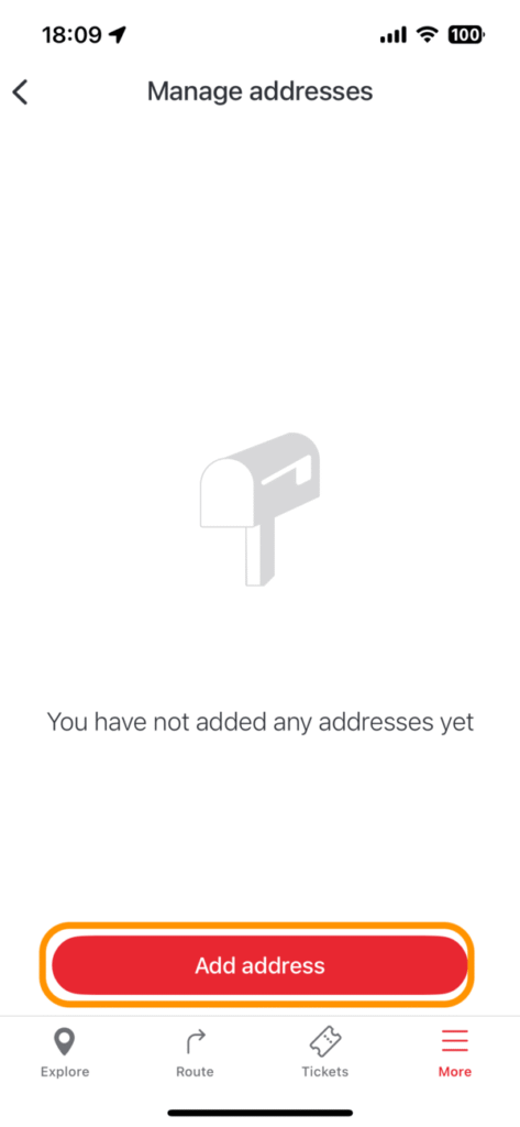 「Manage addresses」画面の「Add address」ボタン