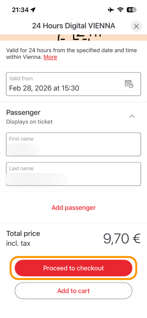 チケット詳細選択画面の「Proceed to checkout」ボタン