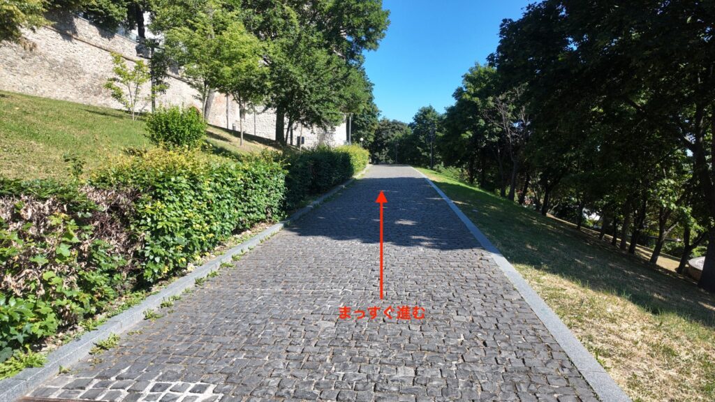 階段を上がった先で右に曲がった後の風景