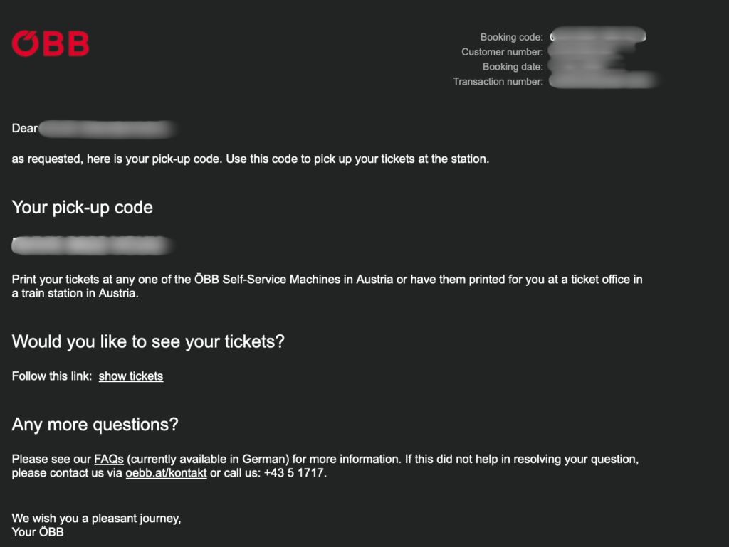 ブラチスラバチケット購入後に送られてくるピックアップコードのメール