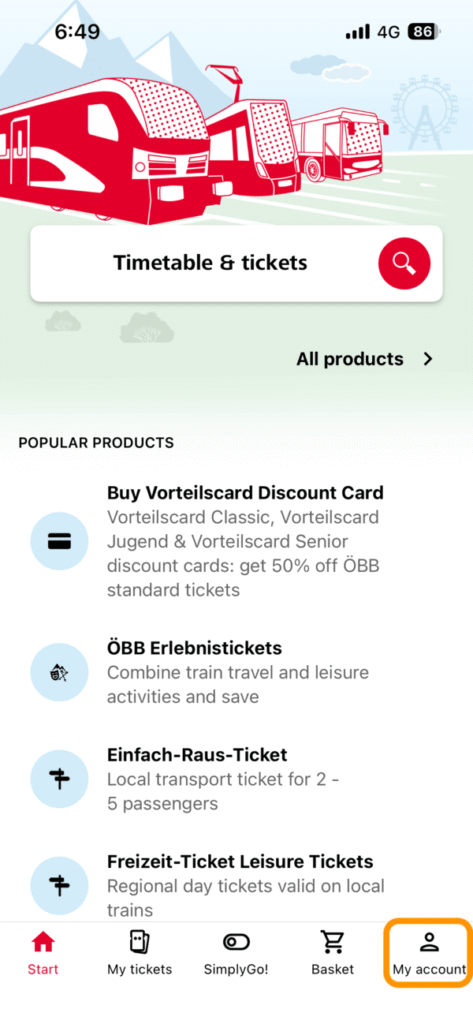 ÖBB Ticketsアプリのトップページ