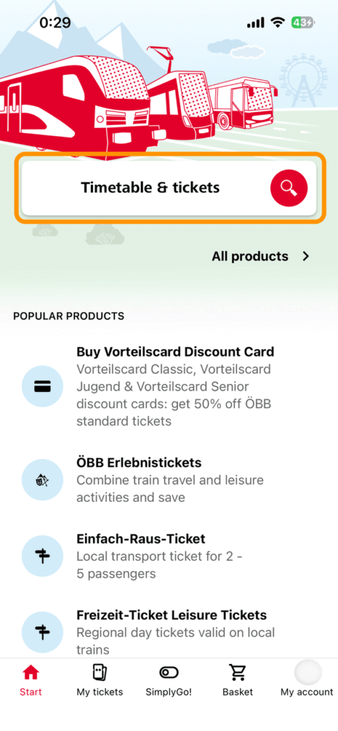 ÖBB Ticketsアプリのトップページ