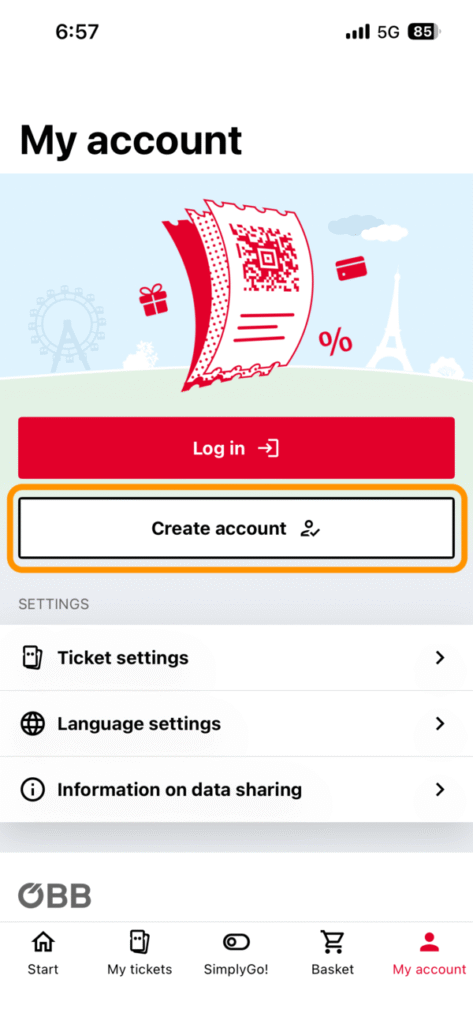 「My account」タブの「Create account」ボタン