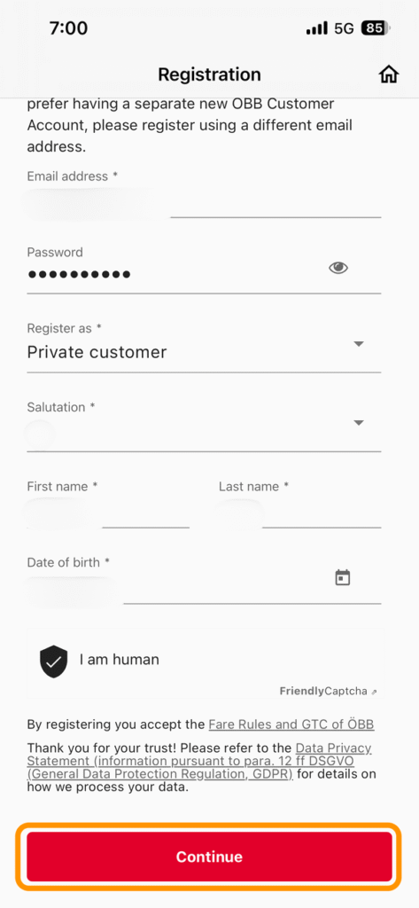 会員登録の必要事項入力画面（入力後）