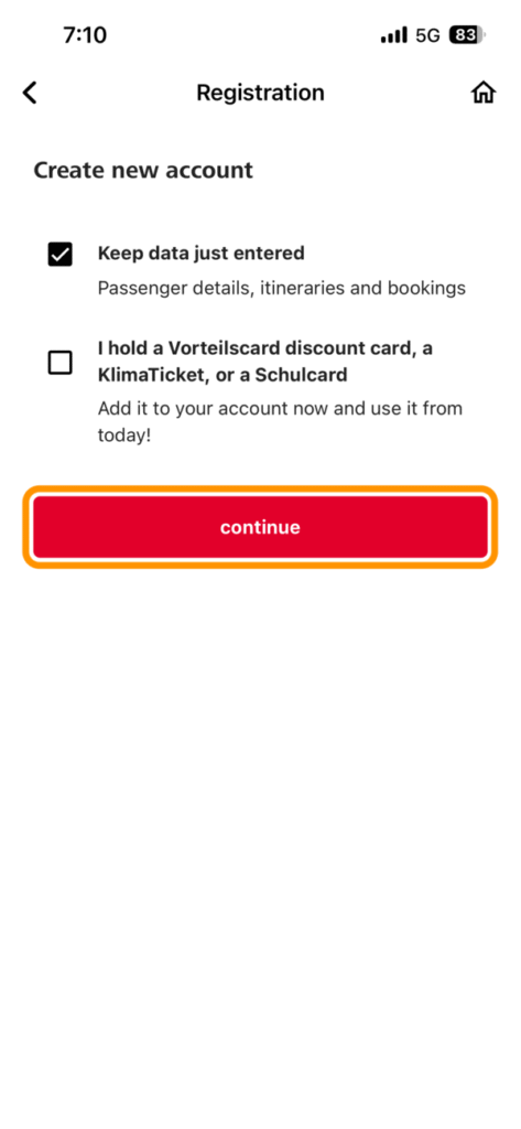 会員登録画面の「continue」ボタン