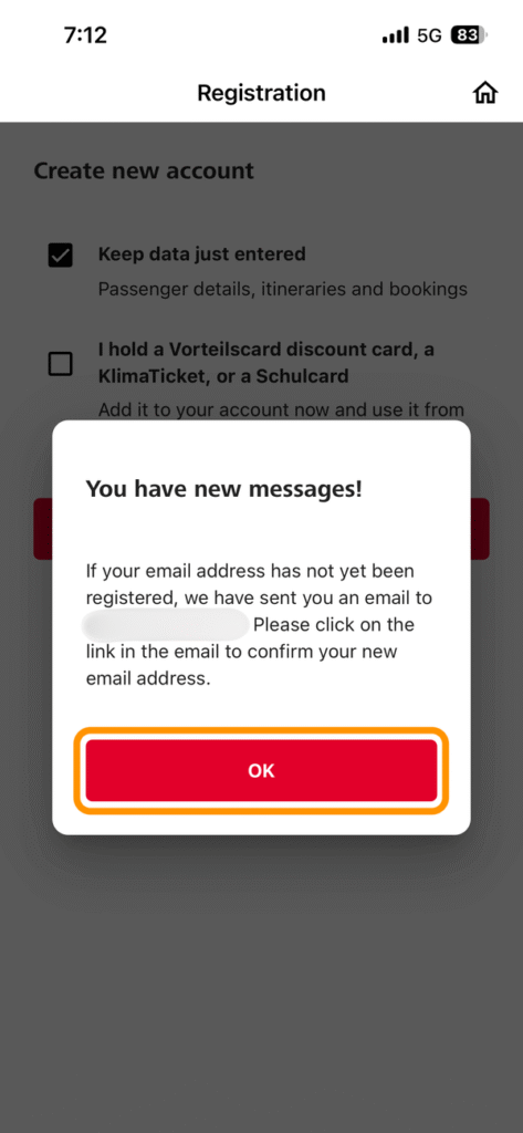 会員登録のメールが送信されたことを示すポップアップ