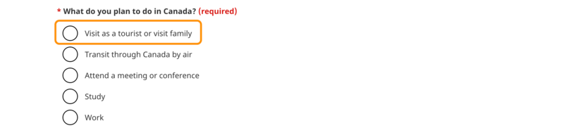 カナダへの渡航目的選択画面