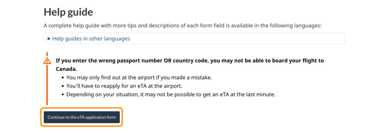 eTA申請ページの「Continue to the eTA application form」ボタン