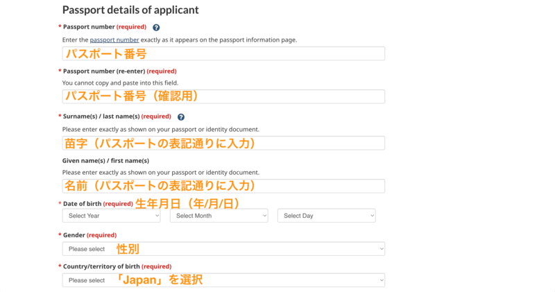 パスポート情報入力画面(1)