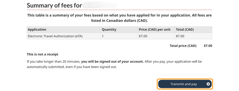 「Transmit and pay」ボタン