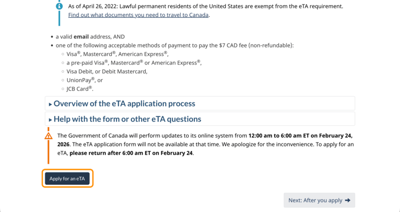 eTA申請ページの「Apply for an eTA」ボタン