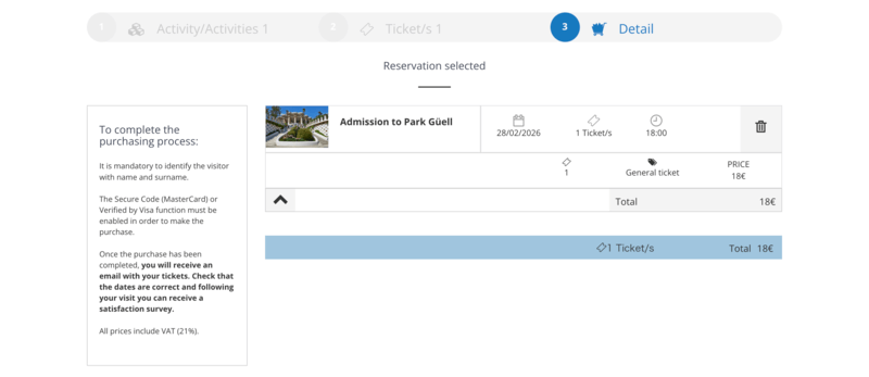 グエル公園チケットの予約確認画面