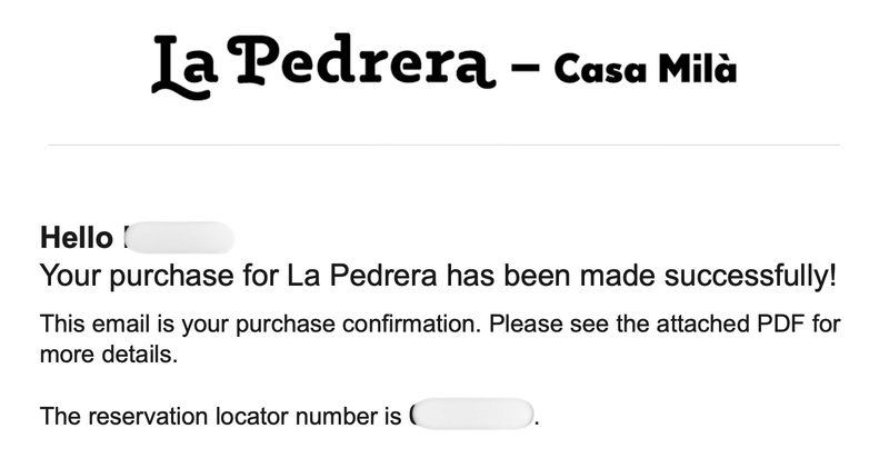 カサ・ミラのチケット予約完了メール