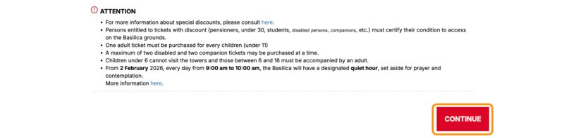 サグラダ・ファミリアチケット選択画面の「CONTINUE」ボタン