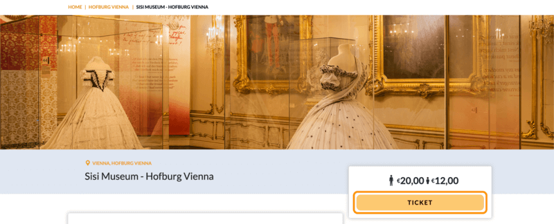 シシィ博物館のチケット購入画面の「TICKET」ボタン