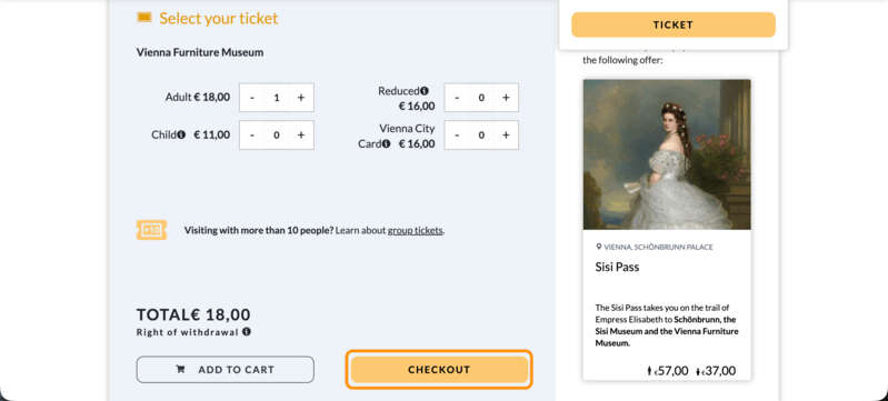 王宮家具博物館チケット枚数選択画面の「CHECKOUT」ボタン