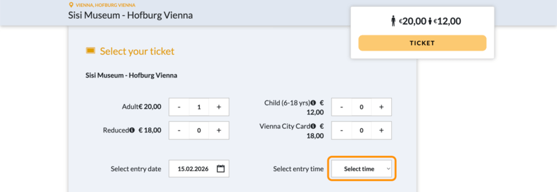 シシィ博物館チケットの入場時間選択画面