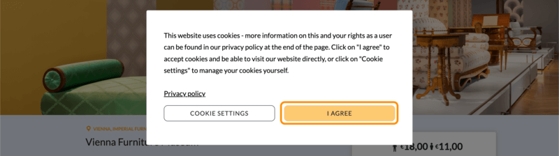 王宮家具博物館のチケット購入画面のCookieポップアップ