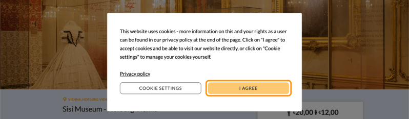 シシィ博物館のチケット購入画面のCookieポップアップ