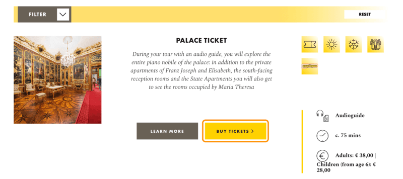 シェーンブルン宮殿のチケット選択画面