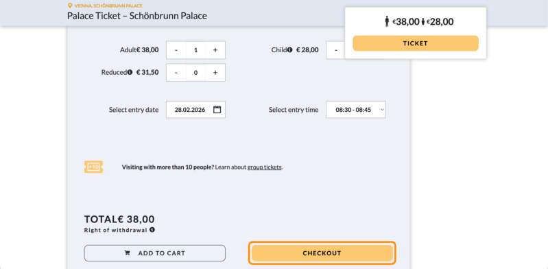 人数・日時選択後の「CHECKOUT」ボタン