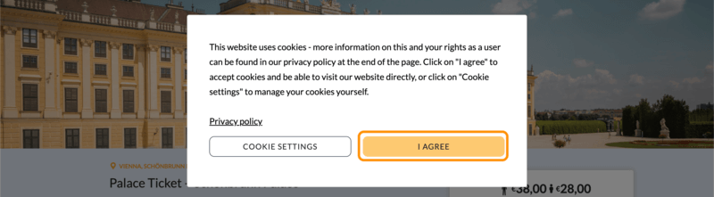 シェーンブルン宮殿公式サイトのCookieポップアップ