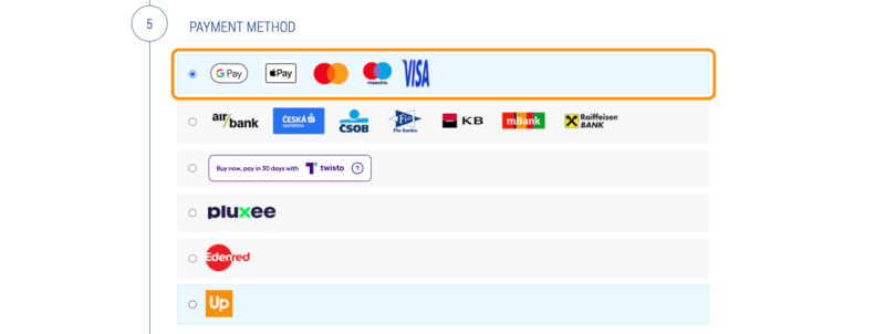 プラハ城チケットの支払い方法選択画面