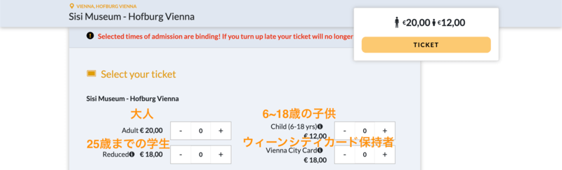 シシィ博物館チケットの人数選択画面