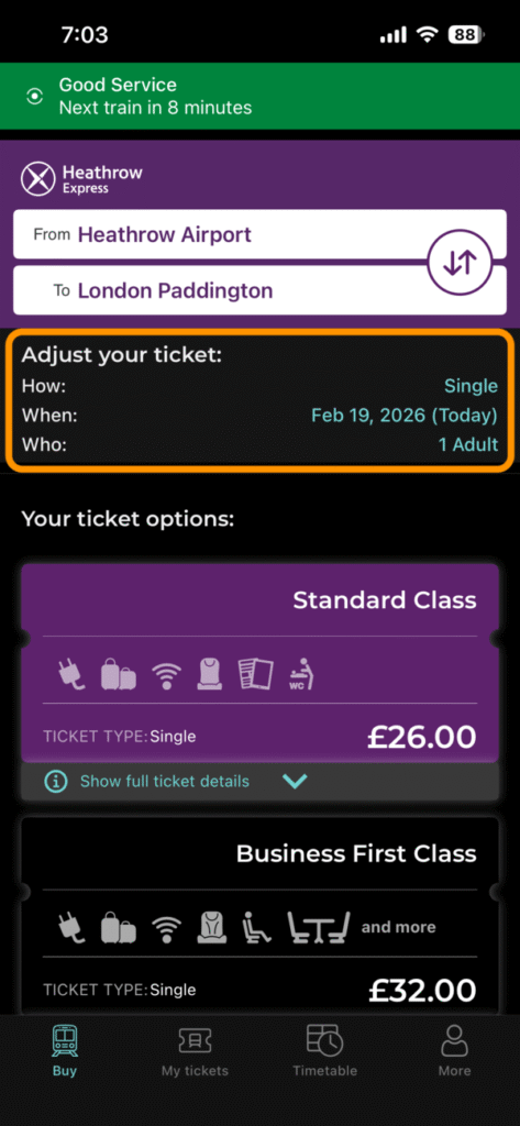 ヒースロー・エクスプレス公式アプリのホーム画面