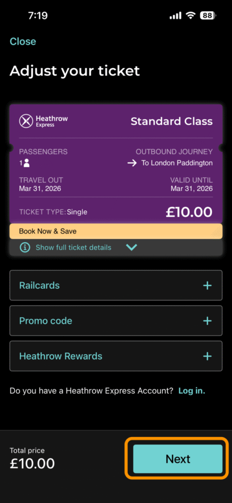 チケット詳細確認画面と「Next」ボタン