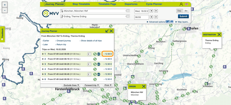 MVV公式サイトの交通経路検索結果画面