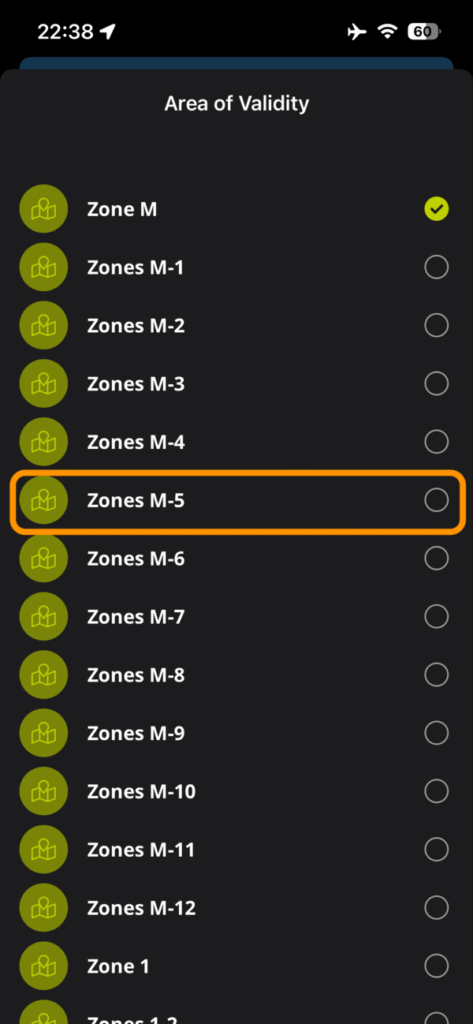 Single Day Ticketのゾーン選択画面