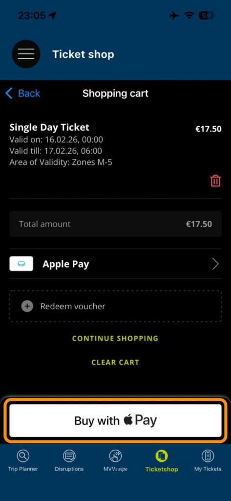 チケットの内容確認と購入ボタン