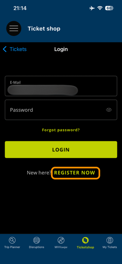 ログイン画面の「REGISTER NOW」ボタン