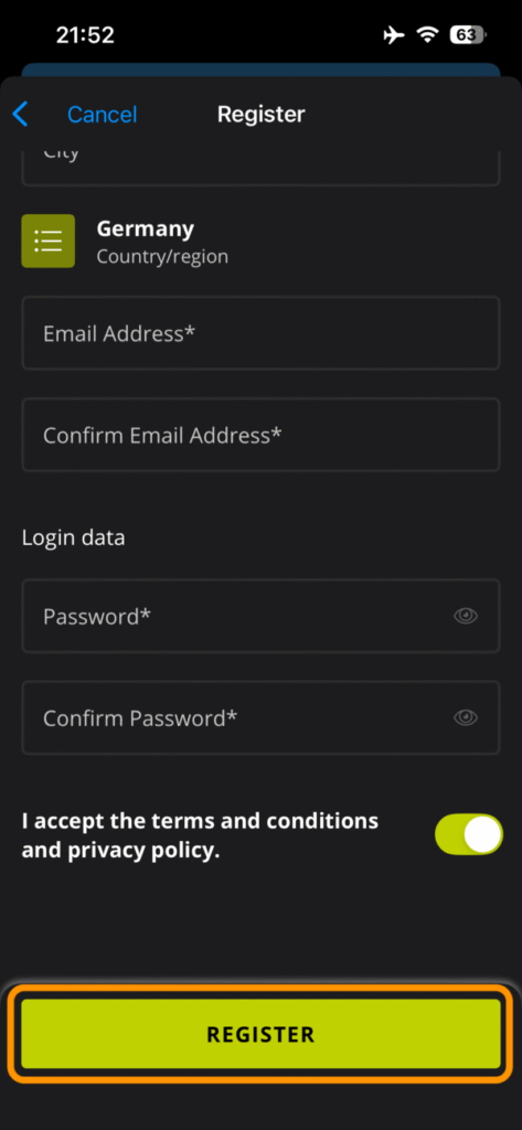 会員登録画面の「REGISTER」ボタン