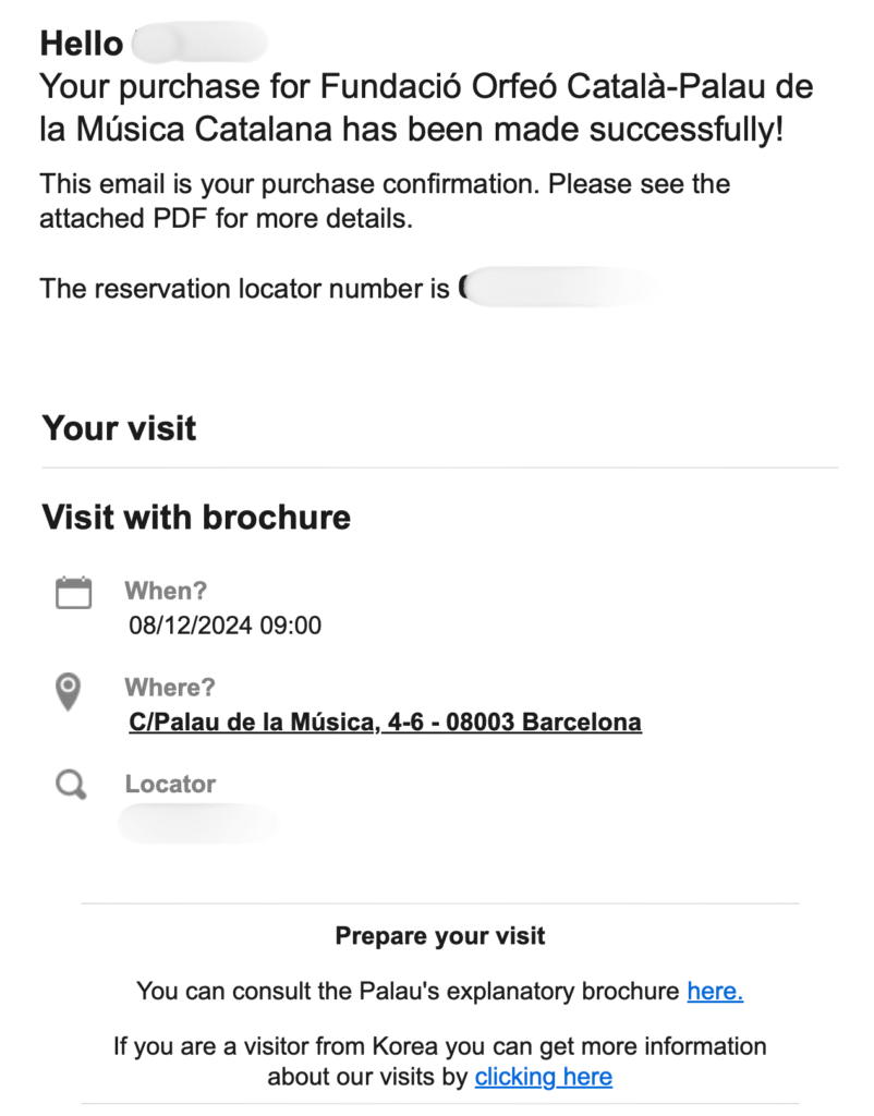 カタルーニャ音楽堂チケットの確認メール