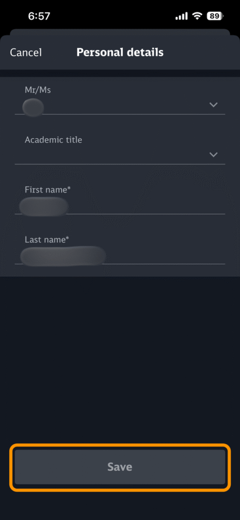 個人情報入力後の「Save」ボタン