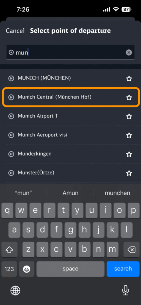 検索ボックスに文字を入力した後の出発地の候補