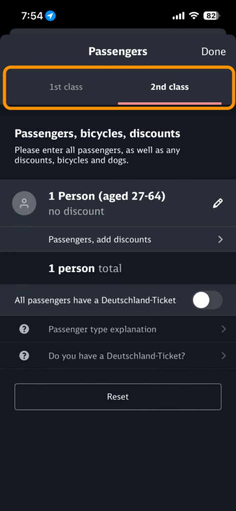 「1st class」「2nd class」選択タブ