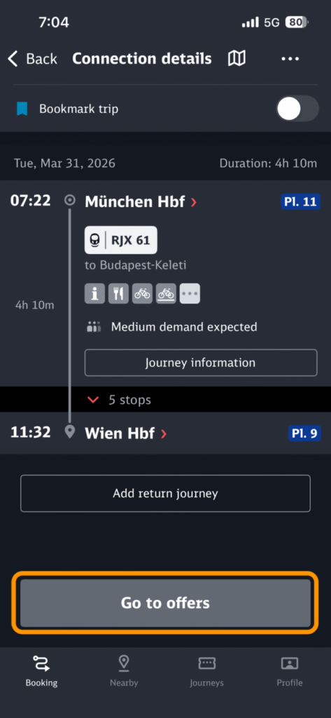列車詳細画面と「Go to offers」ボタン