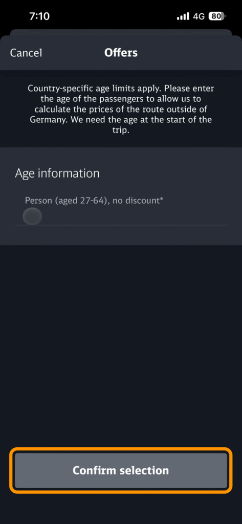 年齢入力後の「Confirm selection」ボタン