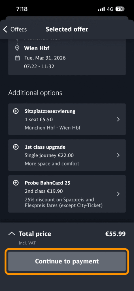 内容確認・オプション選択画面の「Continue to payment」ボタン
