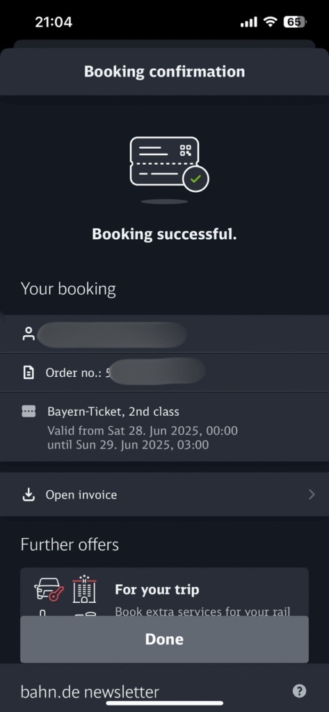 DB Navigatorアプリの購入完了画面